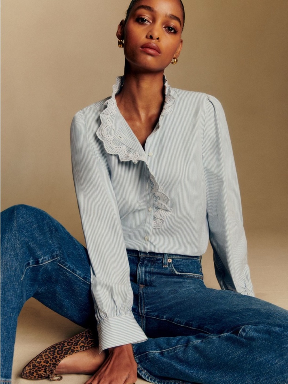 Sezane CHLO Light Blue Striped Ruffled Button-Down Shirt